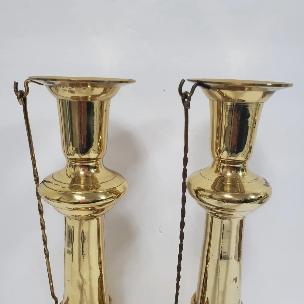 Vintage Brass Candlestick‎ Holders Pair with Attached Snuffers Gold Large 11.75